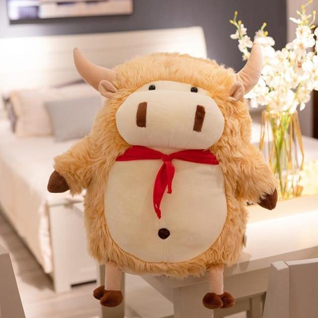 Fluffy Cream Cow Plush With Red Scarf — photo 2