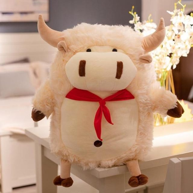Fluffy Cream Cow Plush With Red Scarf