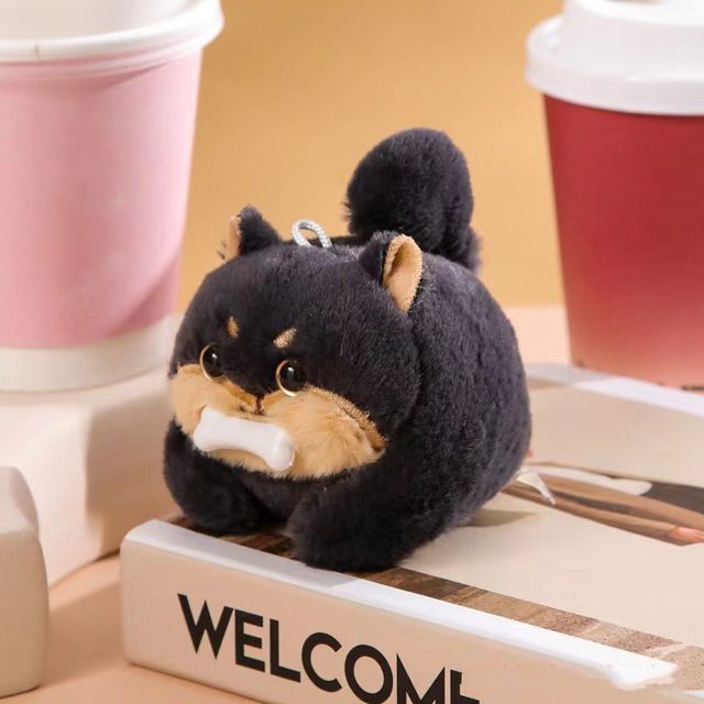 Lil' Black Shiba With a Bone Keychain